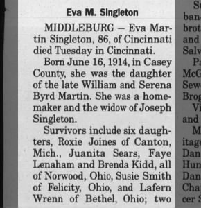 Obituary for Eva Martin Singleton