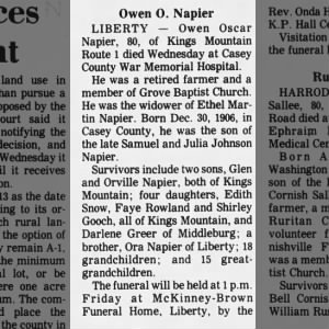 Obituary for Owen Oscar Napier